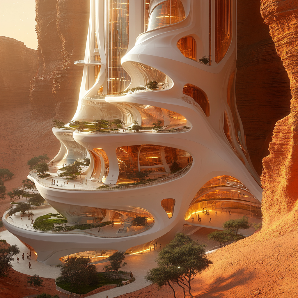 High-rise building on Mars harmonizing with nature and community.