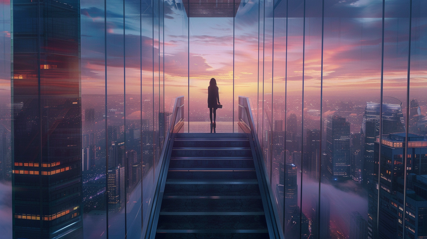 High-rise businesswoman overlooking city, symbolizing success journey.