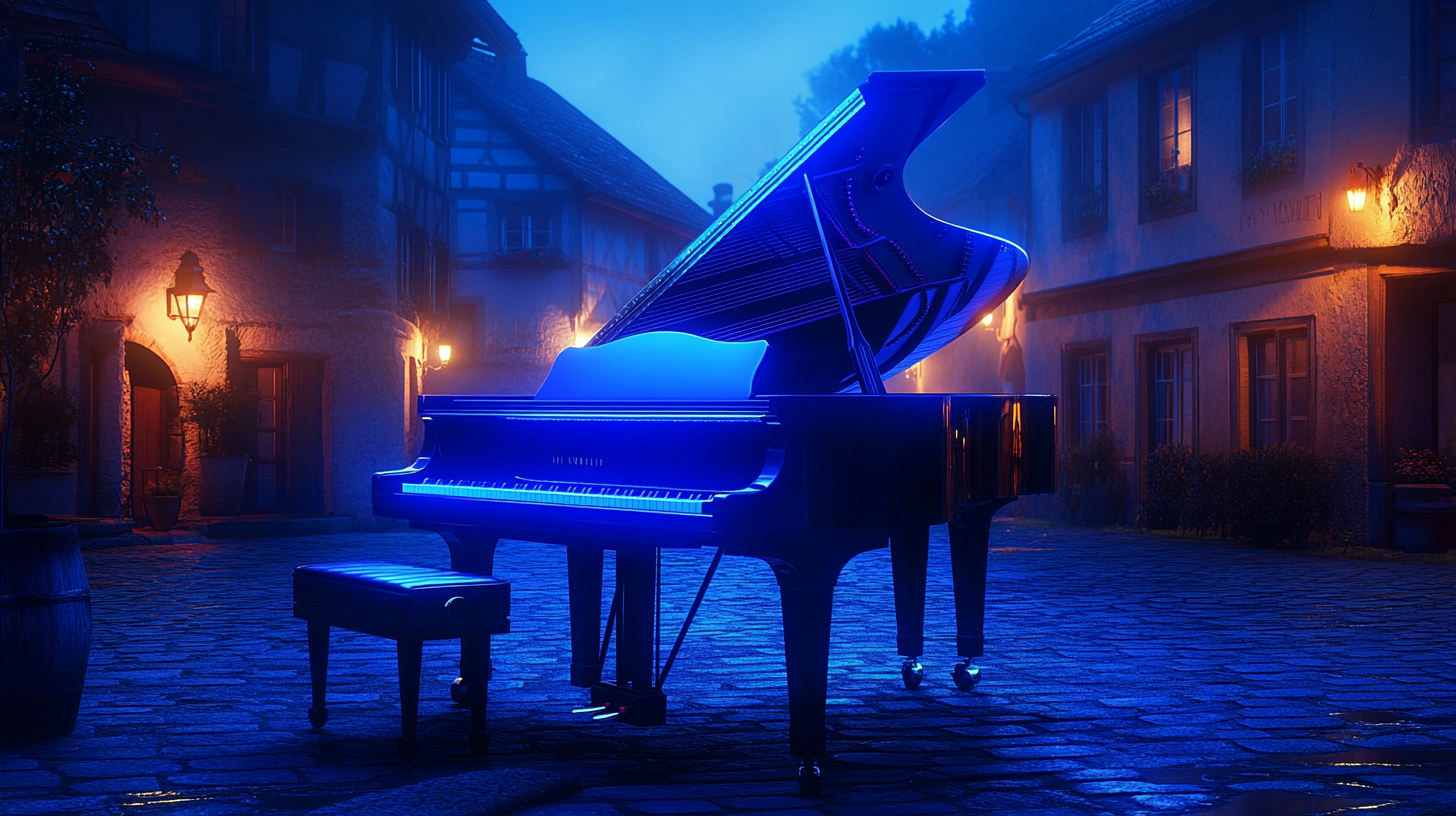 High tech grand piano in 17th century square.