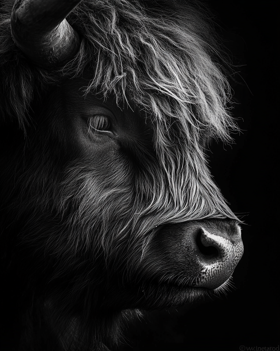 Highland cattle bull in dramatic lighting and detail