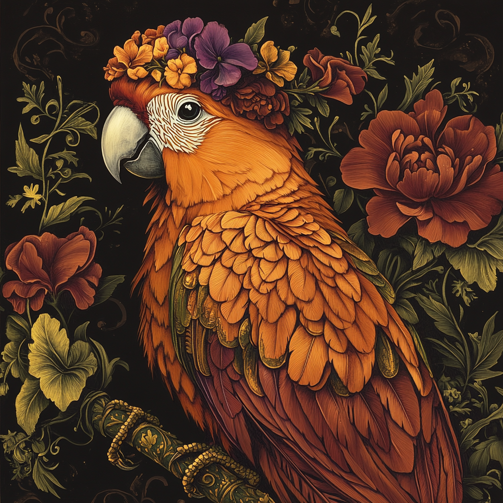 Highly detailed and mystical orange parrot illustration prompt.