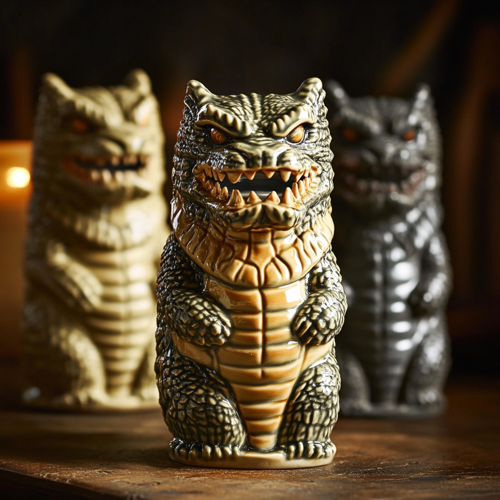 Highly detailed ceramic Godzilla tiki mug. Ambient lighting.