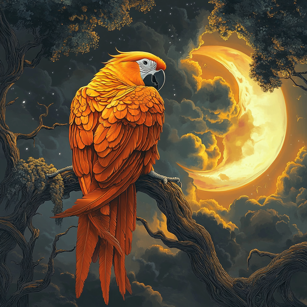 Highly detailed magical illustration of majestic orange parrot.