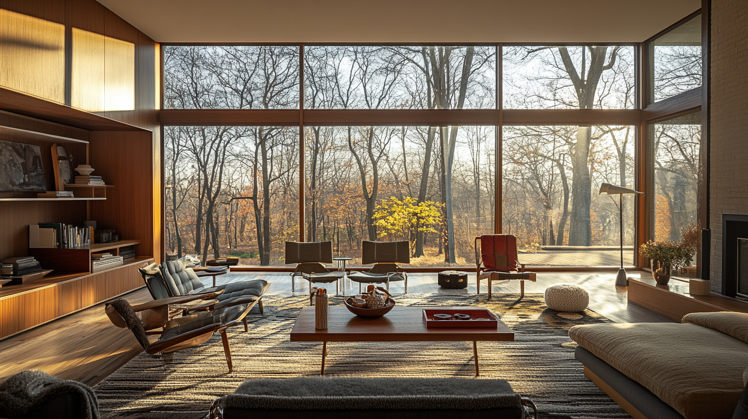 Highly detailed modern living room with large windows.