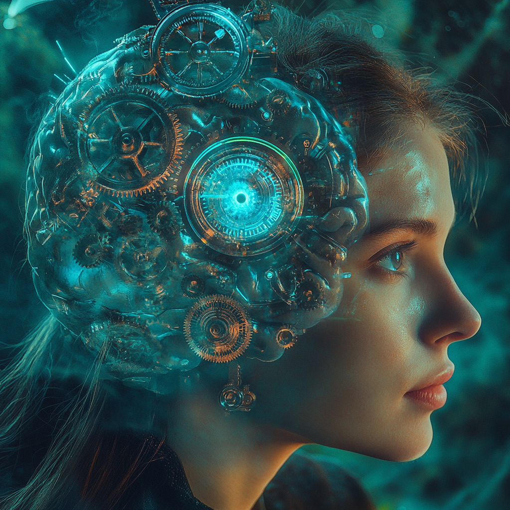 Highly detailed woman with gears and clocks inside head.