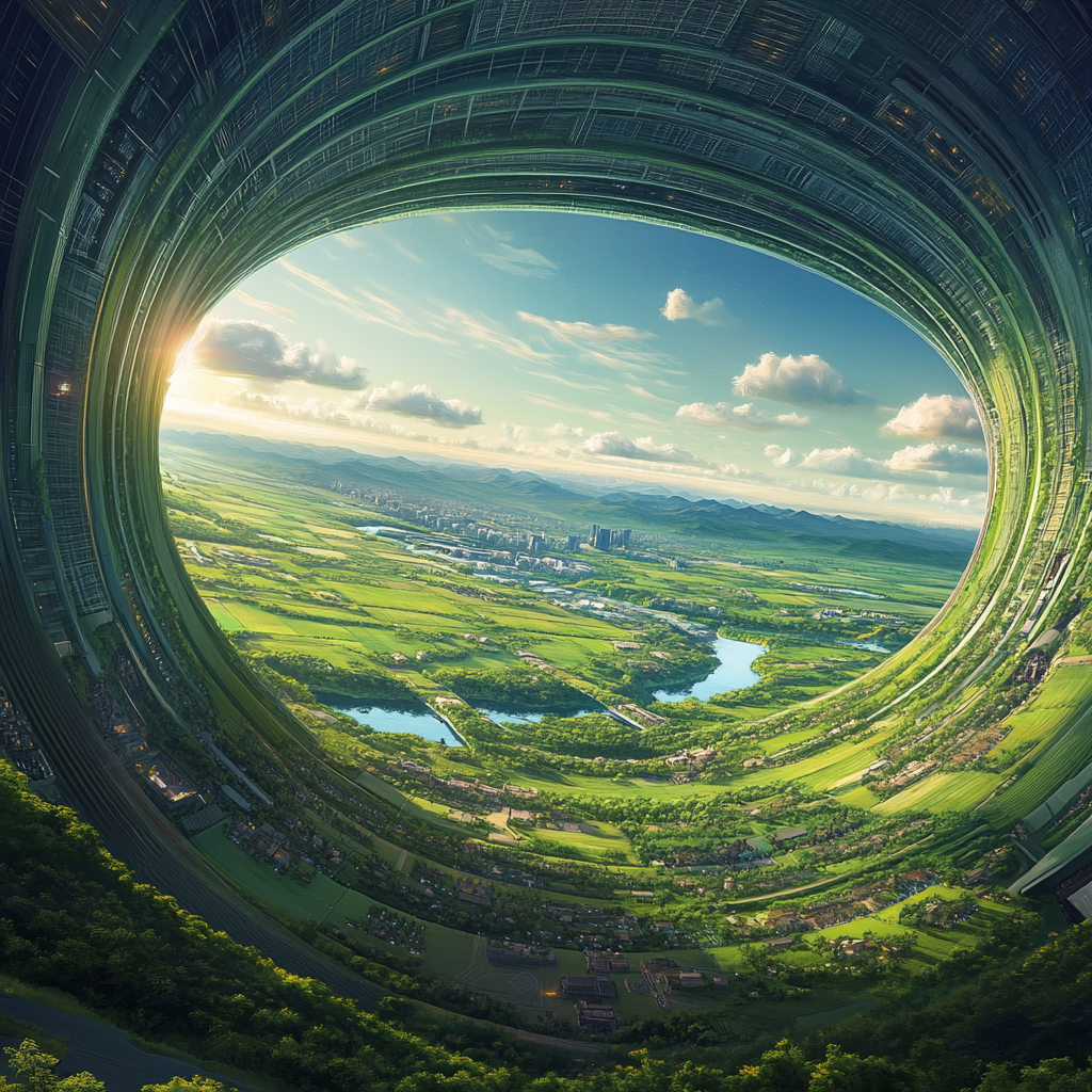 Highly realistic image of futuristic space colony in cylinder.