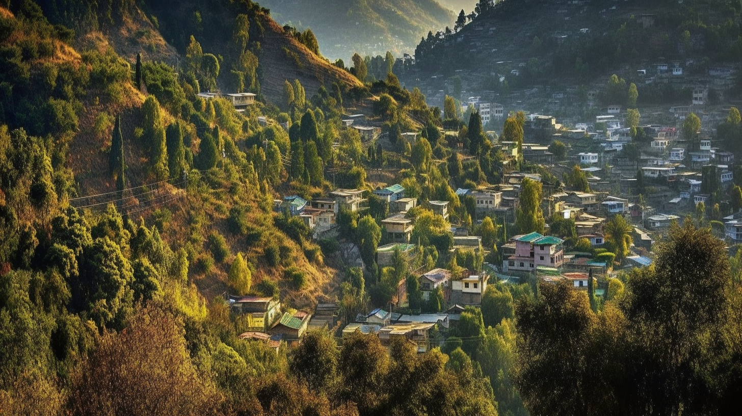 Himalayan foothills, picturesque houses, towering pine trees, misty dawn.