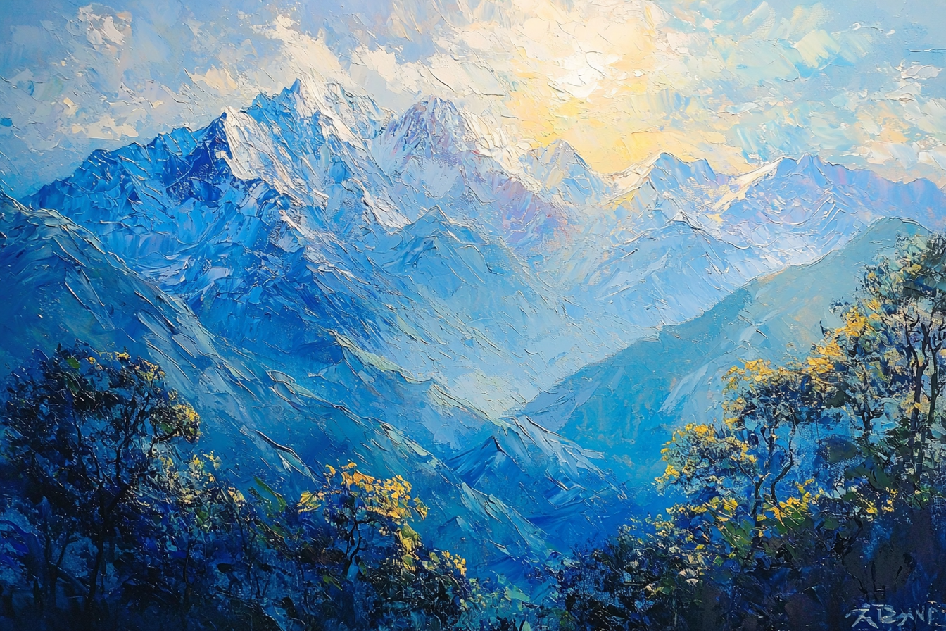 Himalayan mountains oil painting with blue trees.