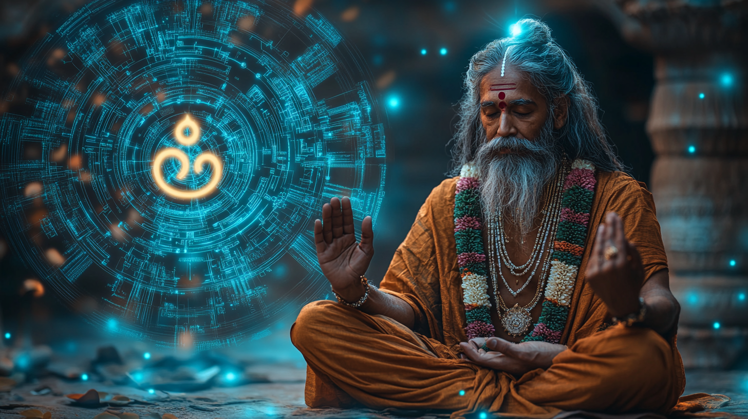 Hindu Sage Meditating Among Digital Circuitry Lines