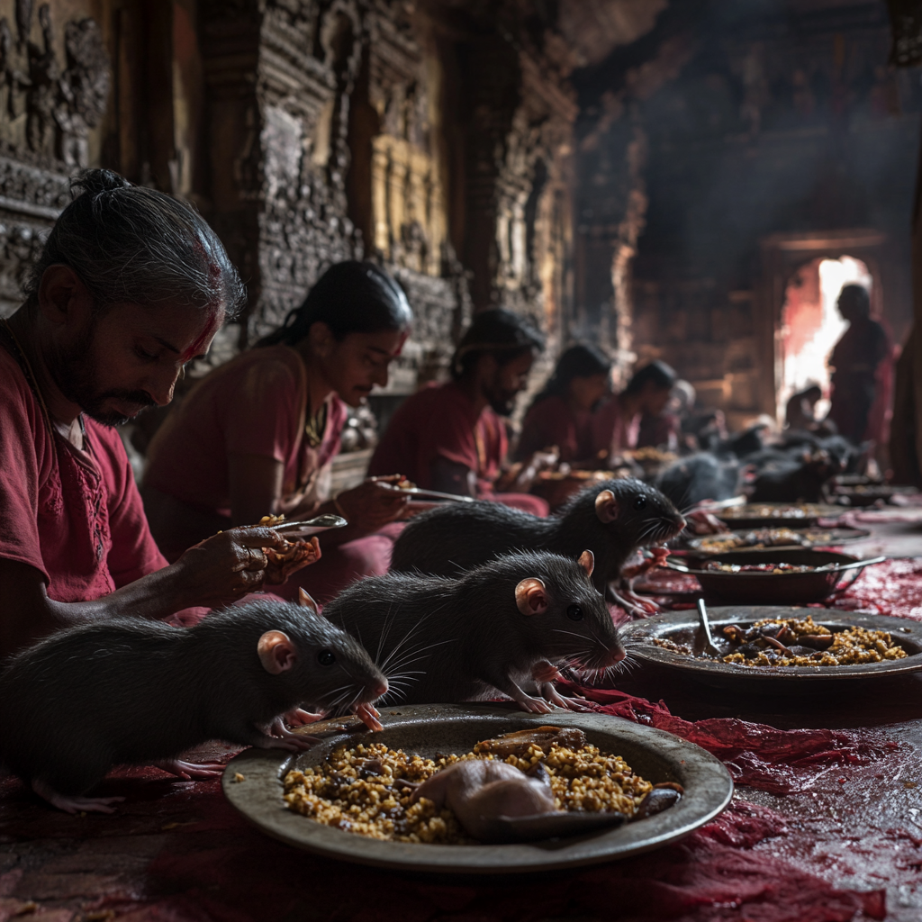 Hindu Temple with 25,000 Black Rats, Devotees Sharing Food in Indian Village