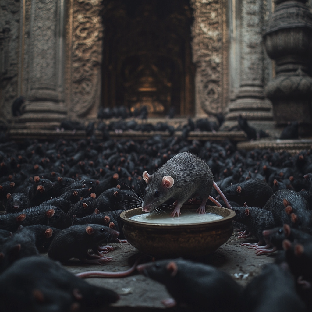 Hindu Temple: Black Rats and White Rat Drinking Milk