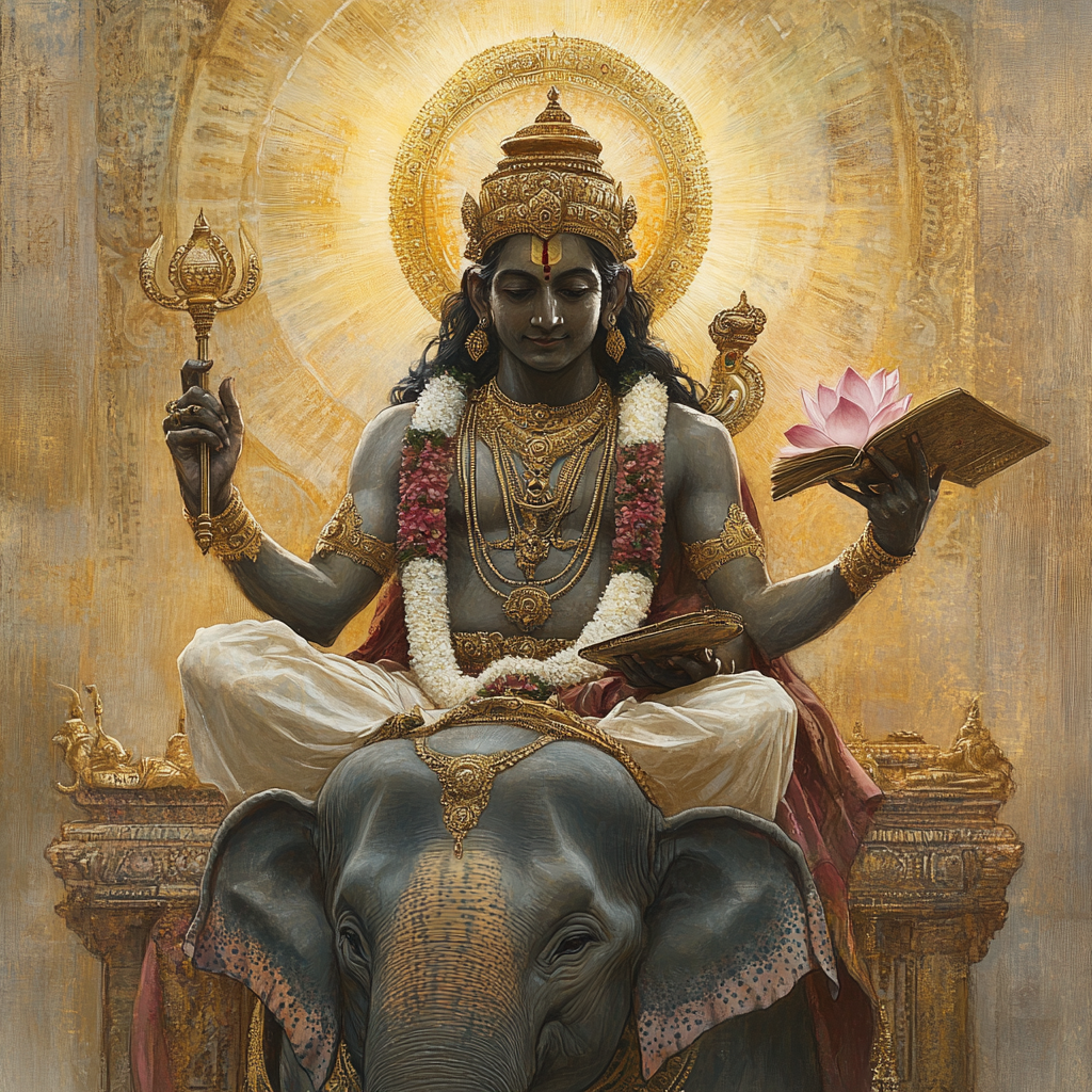 Hindu god Brihaspati sitting on elephant, holding items