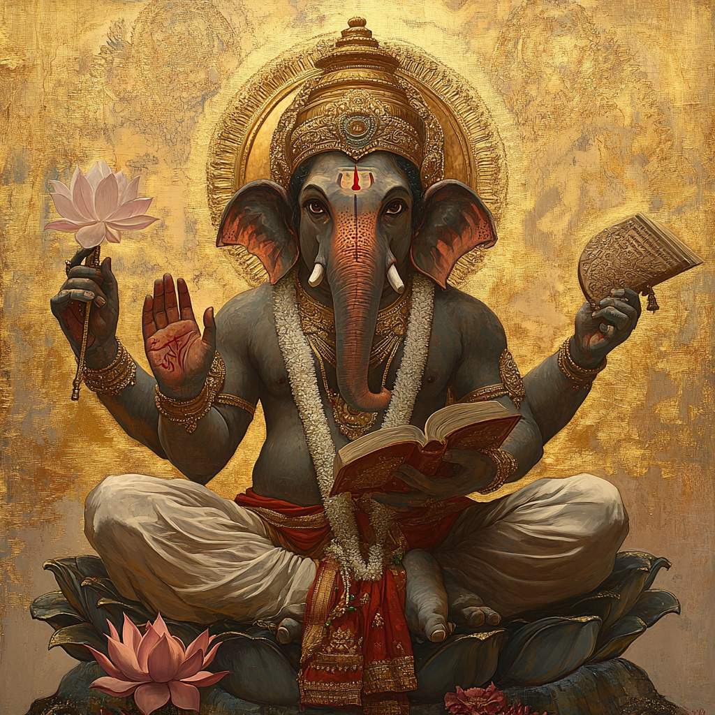 Hindu god Brihaspati sitting on elephant with attributes.