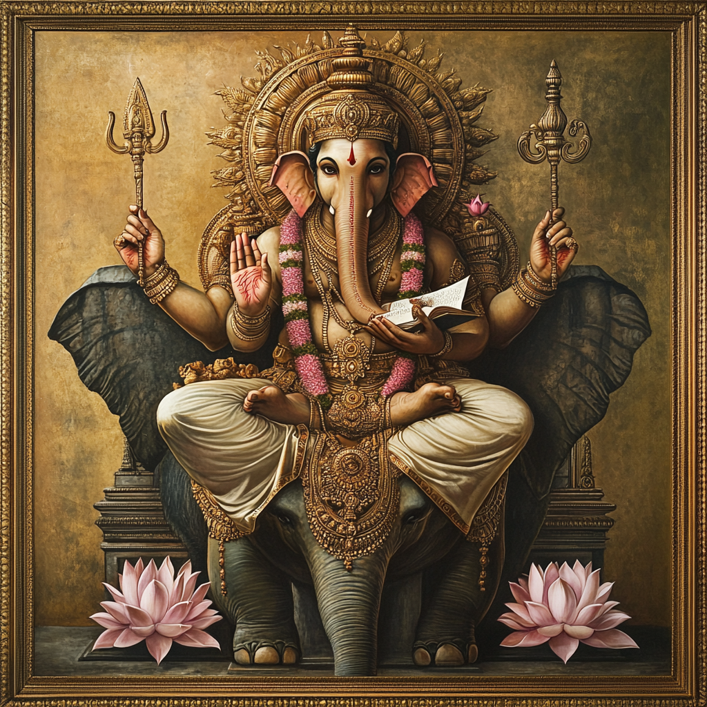 Hindu god Brihaspati with 4 hands, on elephant.