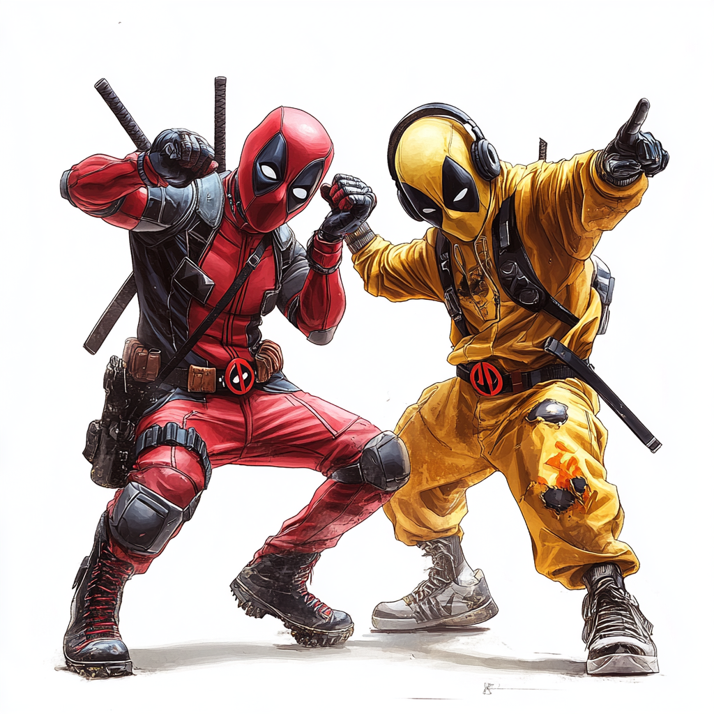 Hip hop dancers Deadpool and Wolverine, breakdance pose.