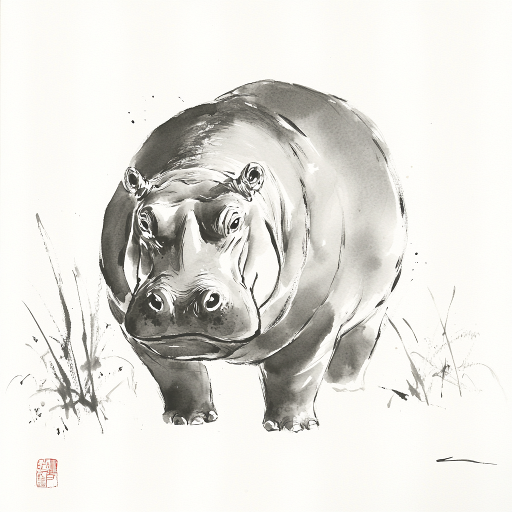 Hippo in ink wash, simple and gentle.