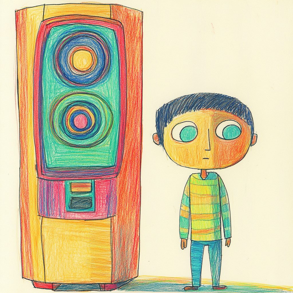 Hispanic Toddler with Speaker in Crayon Style