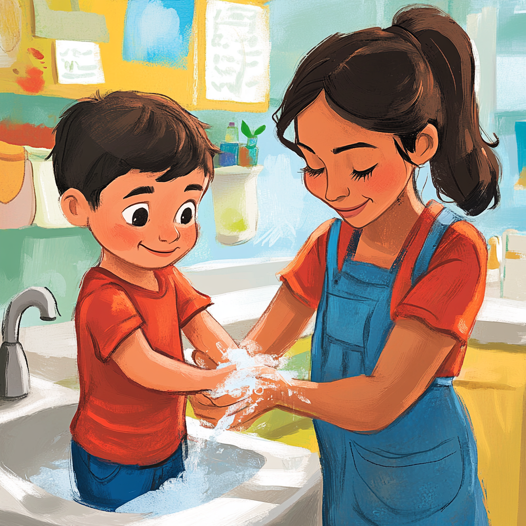 Hispanic boy washing hands in PreK classroom with teacher.