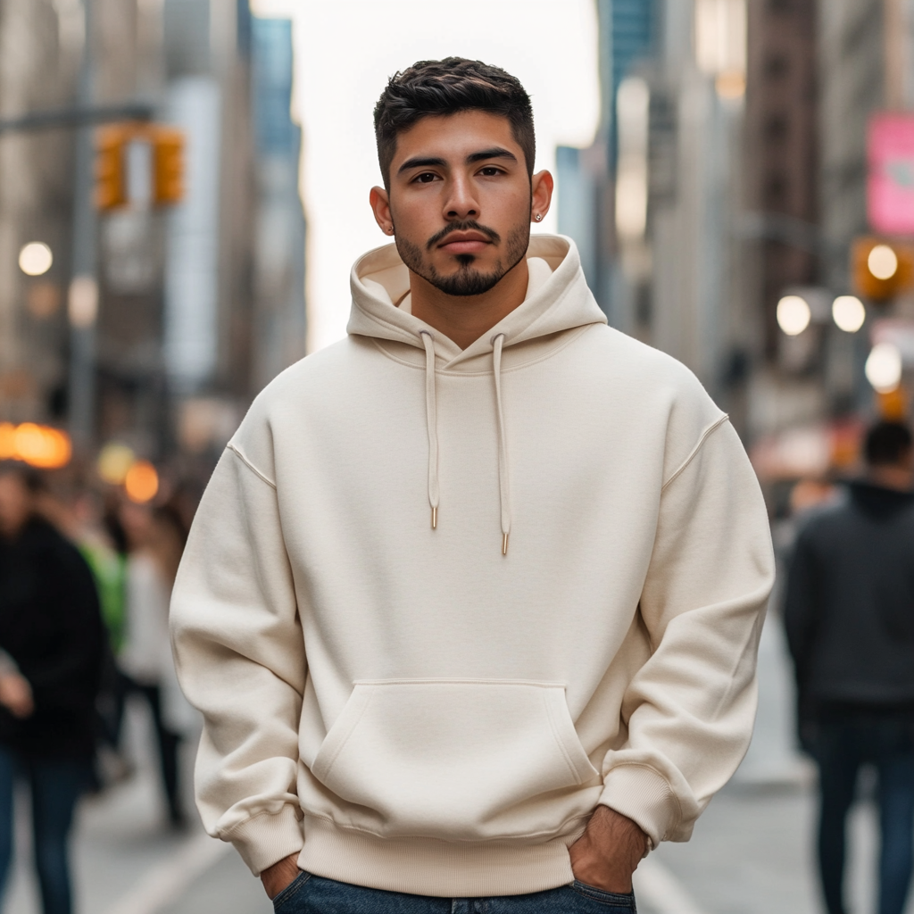 Hispanic male model in Gildan Hoodie on city street.