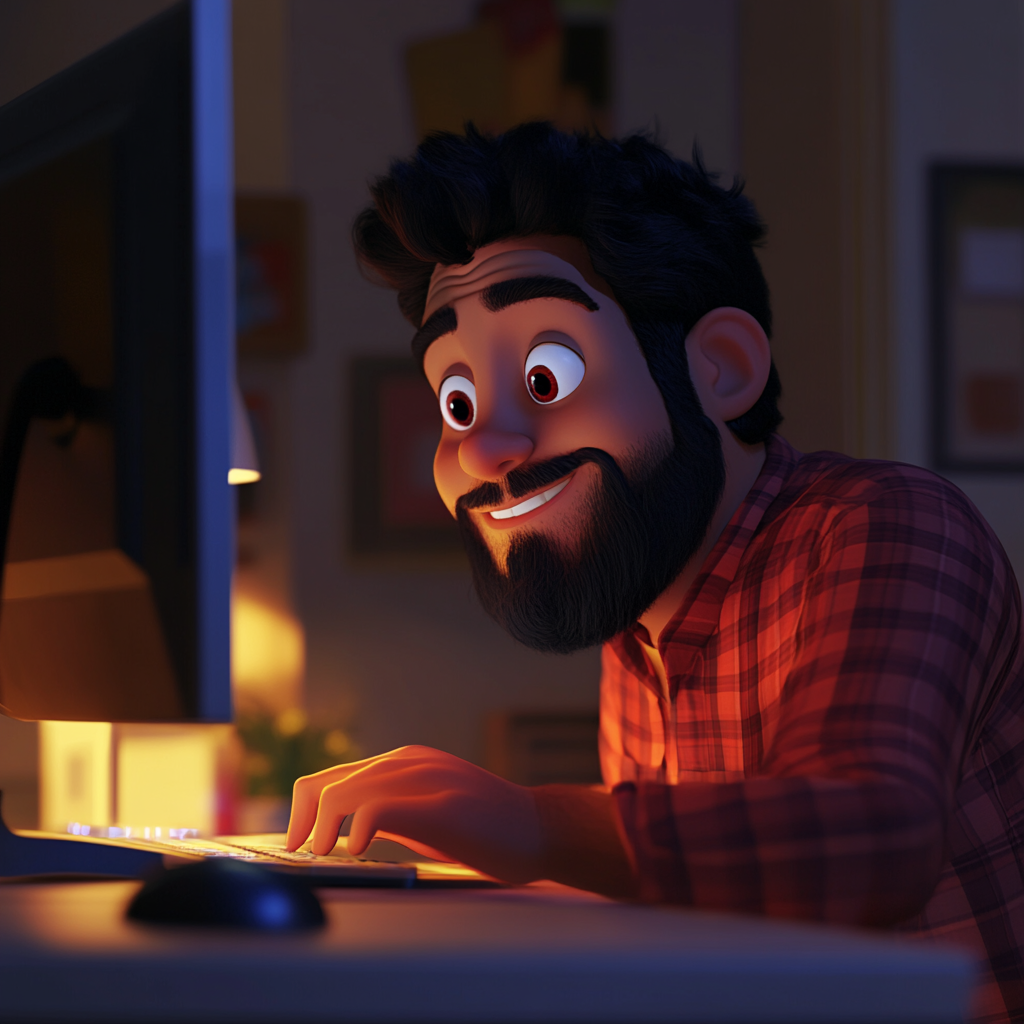 Hispanic man, 27-33, happy, working on computer at night.