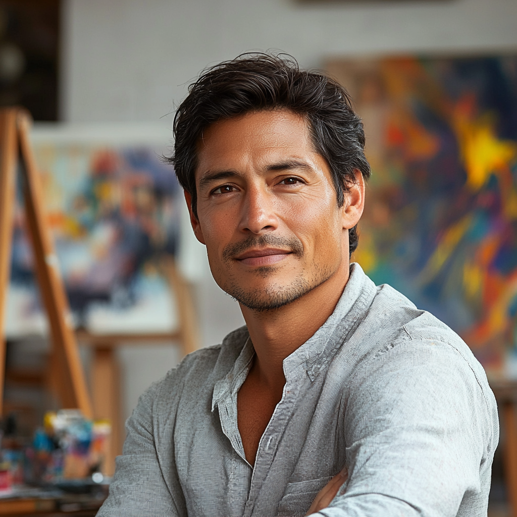 Hispanic man, wavy hair, stubble, friendly, thoughtful in art studio.