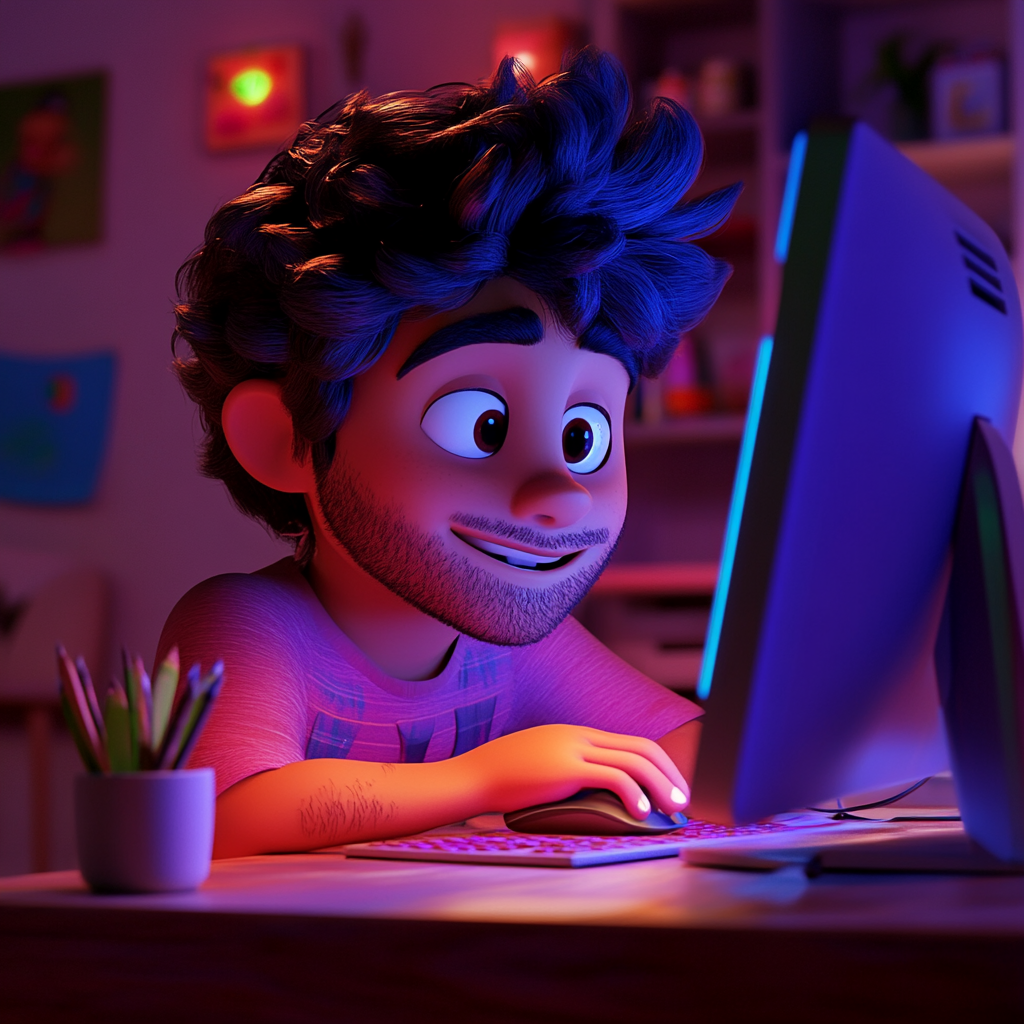 Hispanic man at computer in 3D Pixar theme.