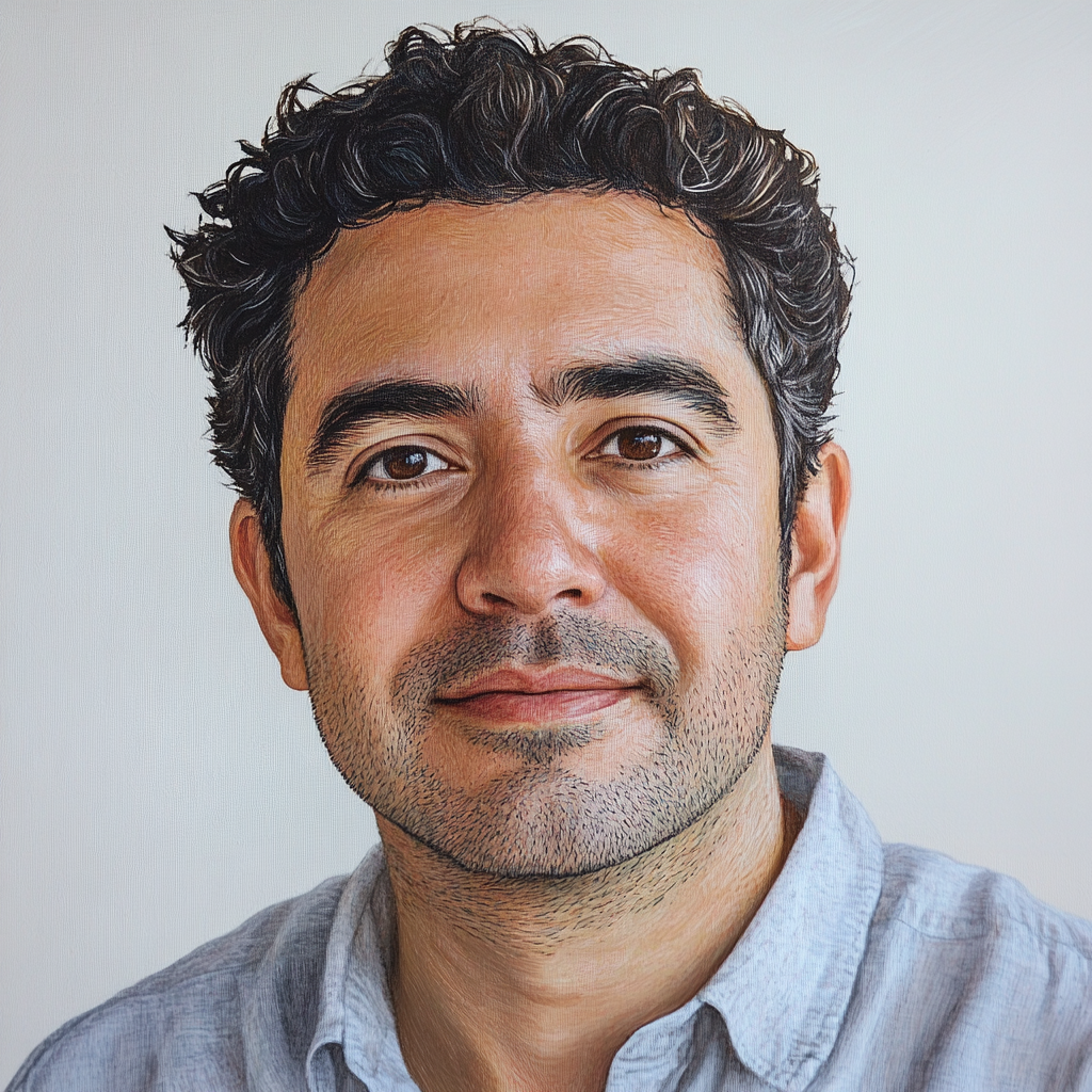 Hispanic man in 40s, wavy dark hair, friendly expression.