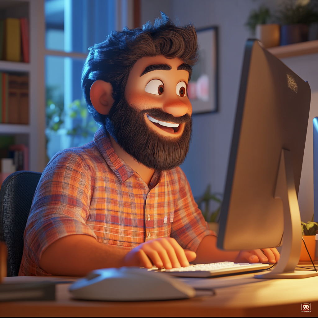 Hispanic man works happily on computer in dim room.