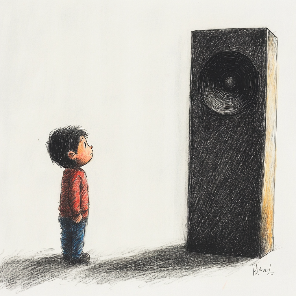 Hispanic toddler drawing with giant speaker, primitive style