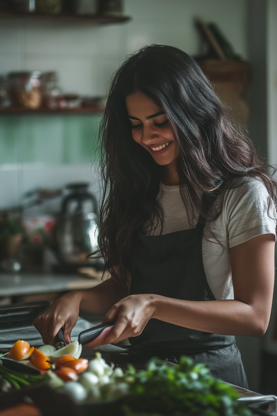 Hispanic woman chopping onions, smiling, real photography -- raw