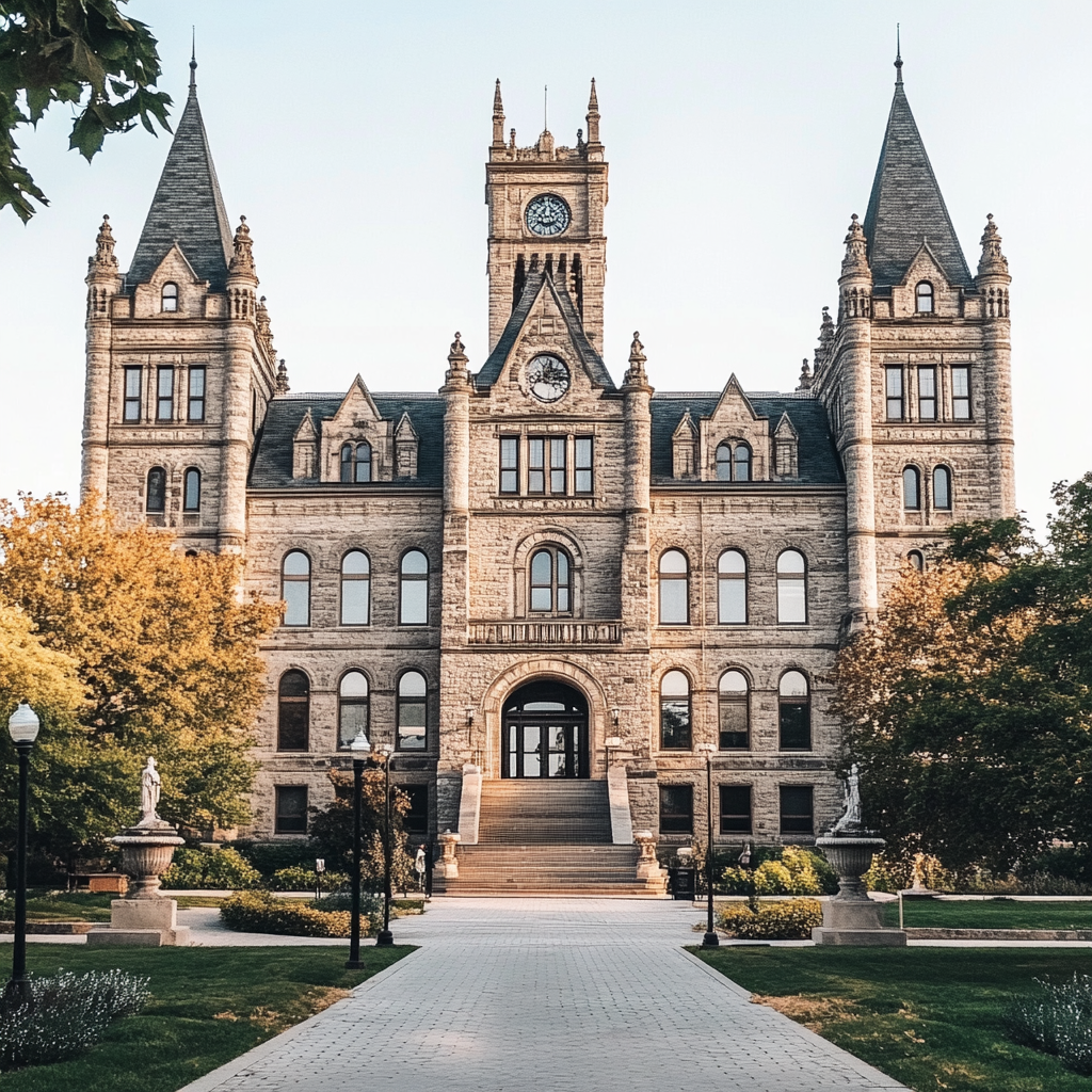 Historic university campus with grand architecture and elegant surroundings.