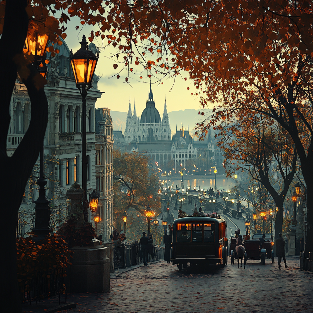 Historical 1900s Budapest cityscape with old buildings and cars.