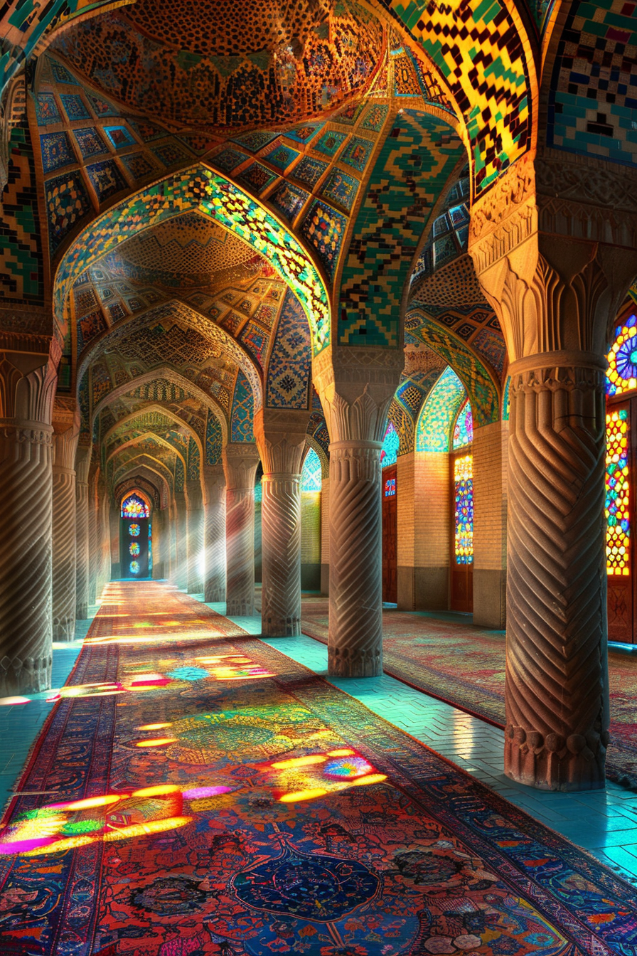 Historical Iranian mosque hallway with colorful stained-glass windows.