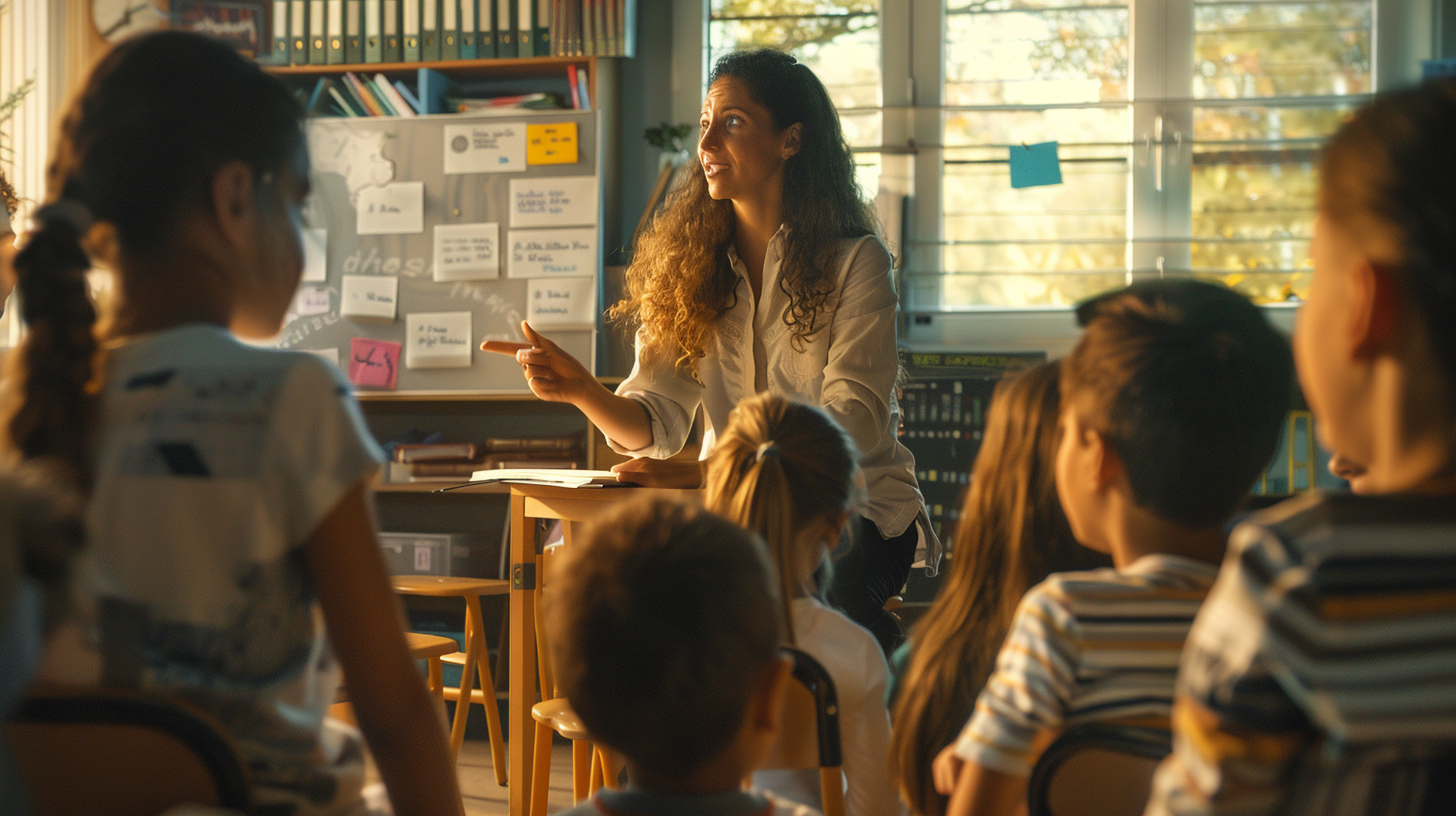 History teacher engaging students in modern classroom with Canon EOS 5D.