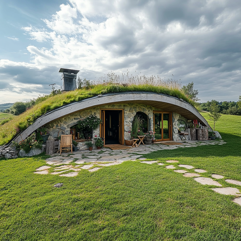 Hobbit Style House with Green Roof on Stone Wall 