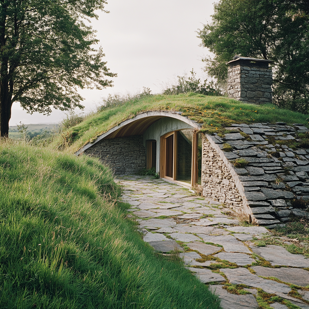 Hobbit-Style House with Vegetated Roof on Stone Terrace