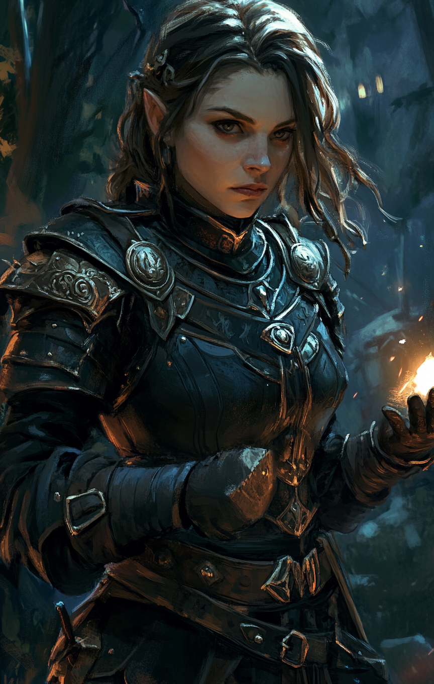 Hobbit female bandit mage casting magic in night forest.