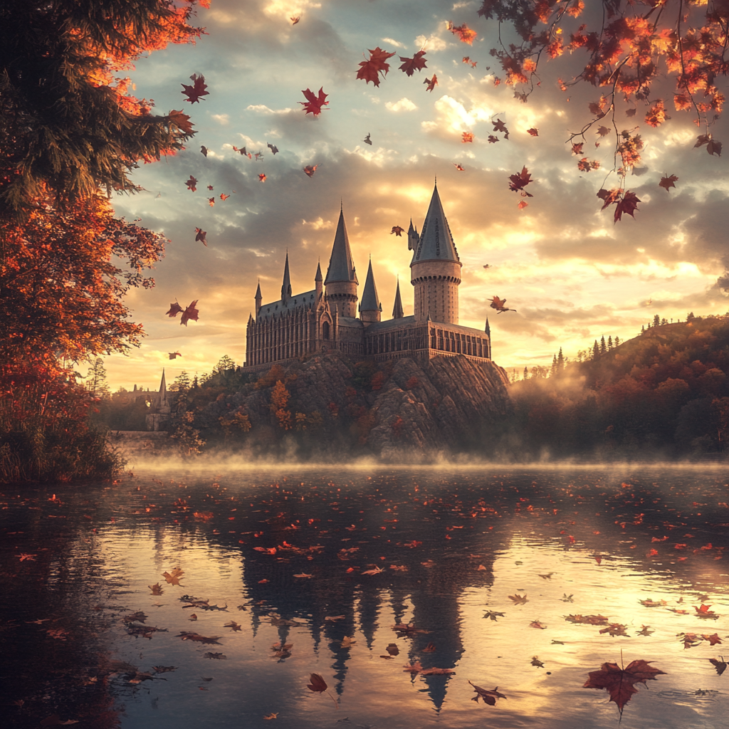 Hogwarts in fall with moody sky, fallen leaves.