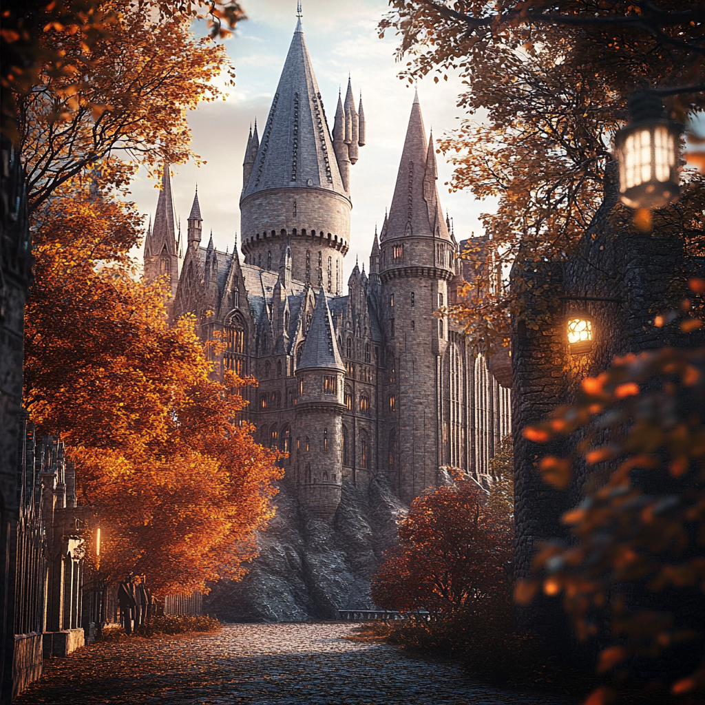 Hogwarts in fall: magical and serene scene.