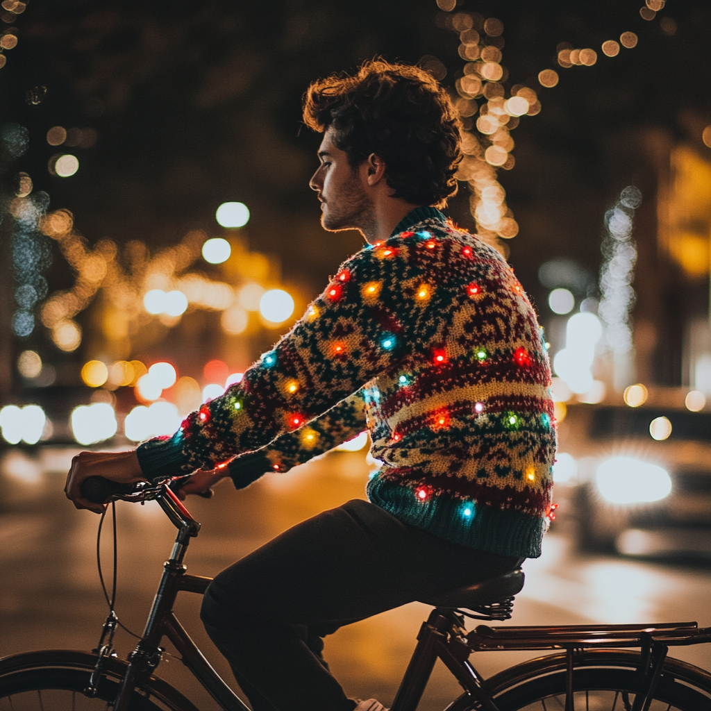 Holiday Cyclist in Festive Sweater on City Street