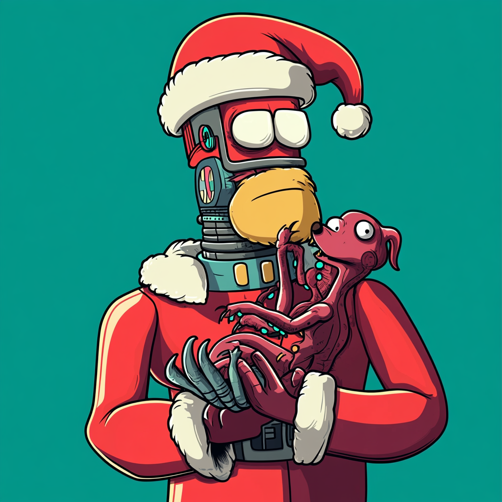 Holiday Robot Holds Alien Dog in Groening Style