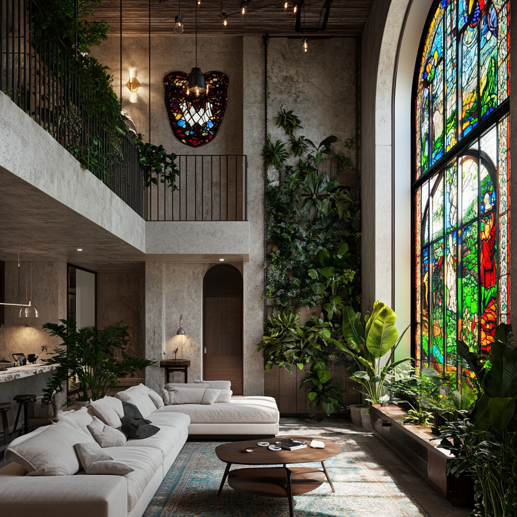 Holiday home lounge with greenery, stained glass window.