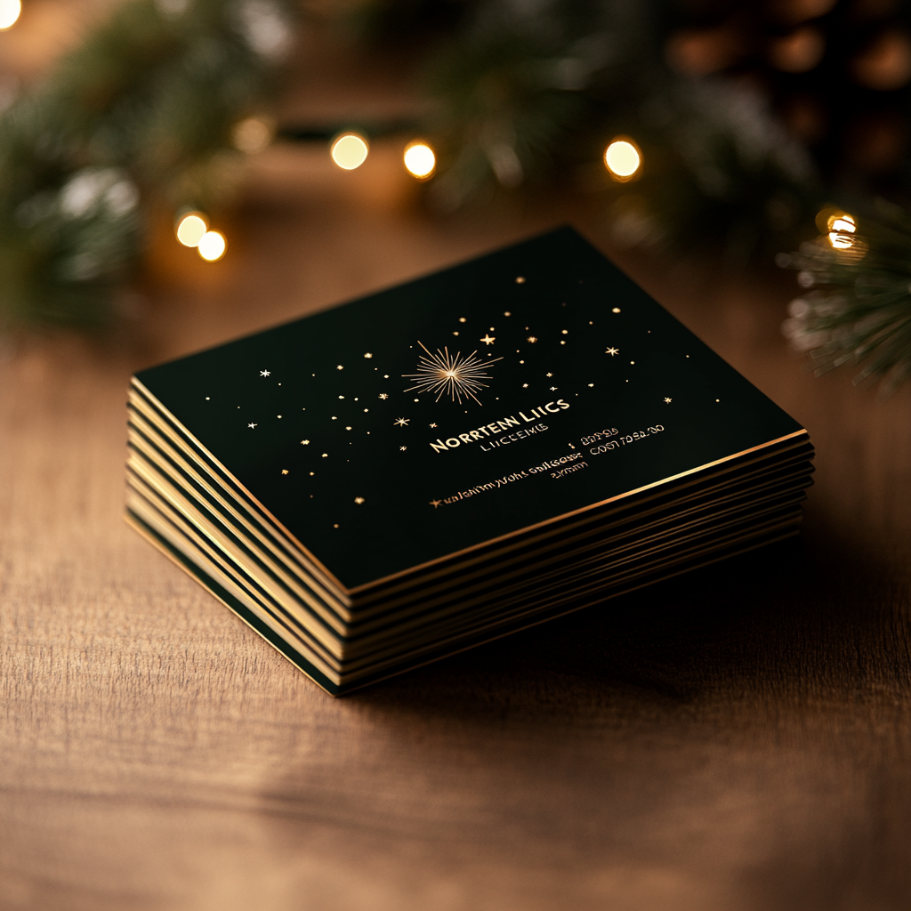 Holiday lighting company card with festive design