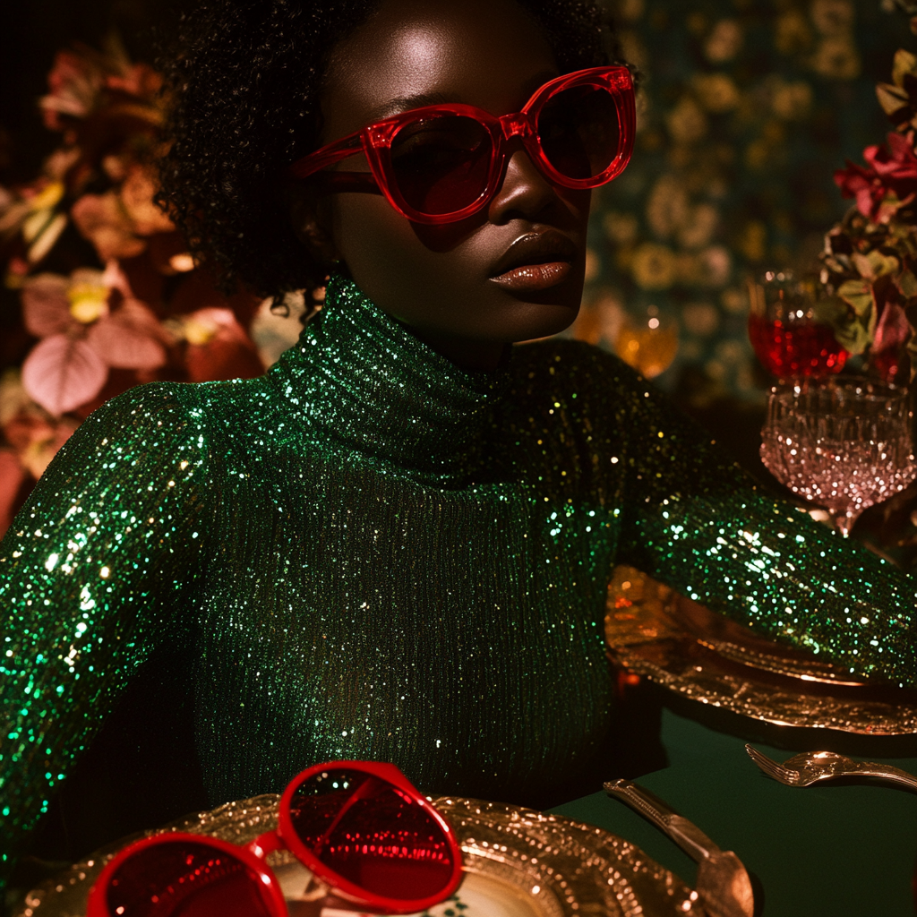 Holiday table with colorful fabrics, person wearing sequins