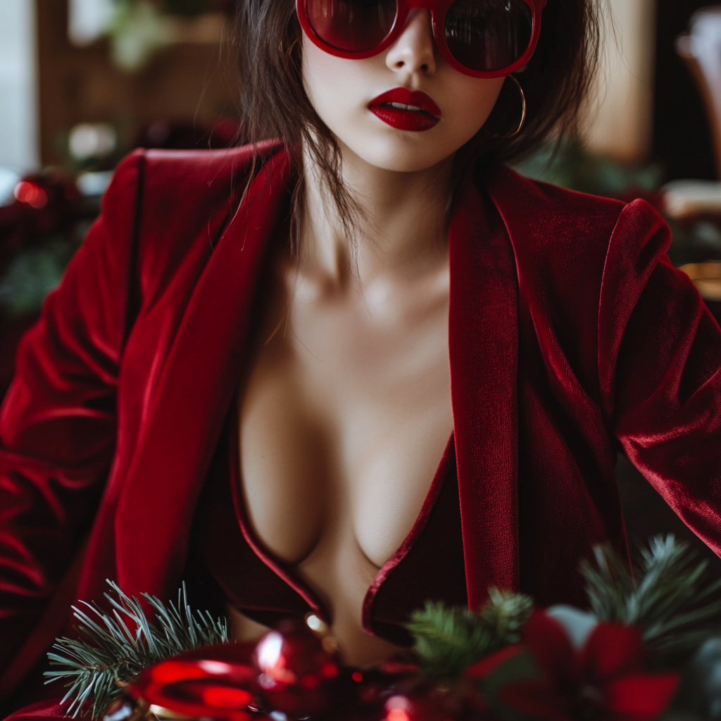 Holiday tablescape with woman in red jacket and sunglasses.