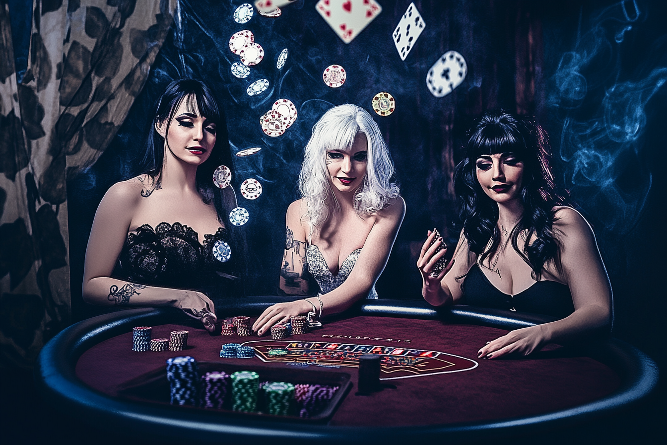 Holly Randall-style photography, beautiful women at poker table.