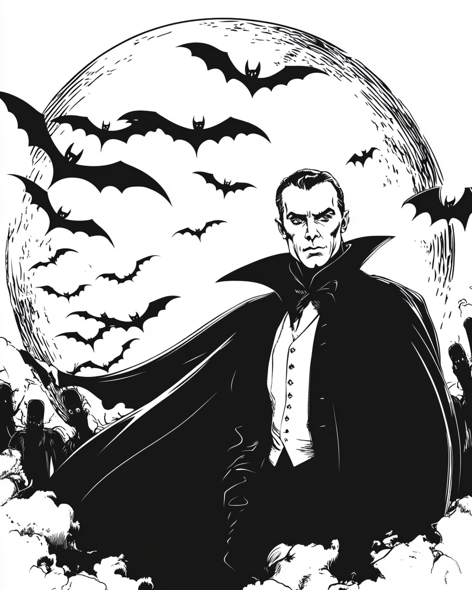 Hollywood movie Dracula with bats and full moon.