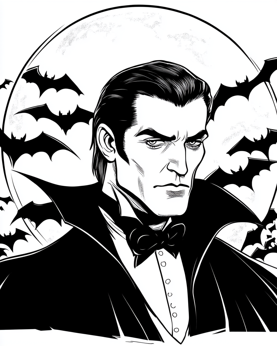 Hollywood movie Dracula with large bats and full moon.