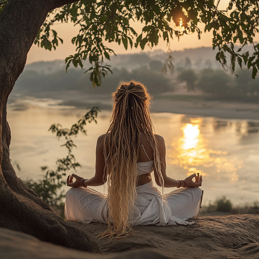 Holy woman with dreadlocks sits by river at sunset