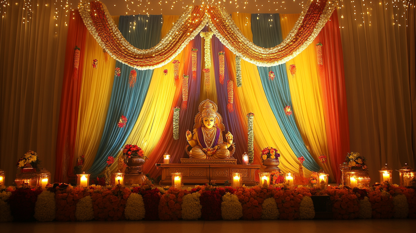 Home pandal with traditional elements, warm festive ambiance.